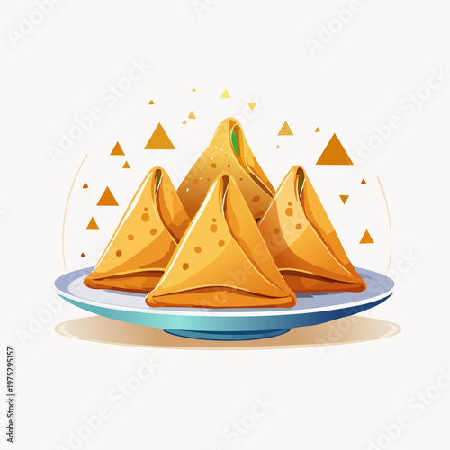 Delicious golden fried triangular pastries served on a plate, an illustration of traditional savory snacks.