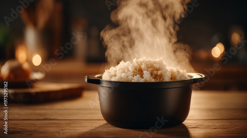 steaming rice cooker scene, home kitchen lifestyle, comfort food atmosphere, warm cozy culinary environment