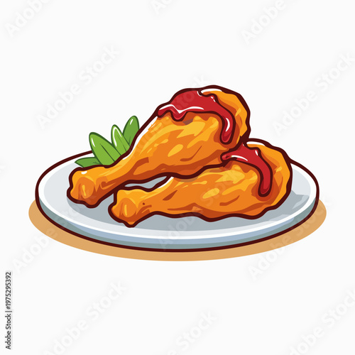 Delicious crispy fried chicken drumsticks with savory red sauce and fresh green garnish on a white plate.