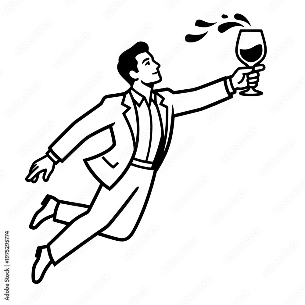 Fototapeta premium man in suit running with wine glass line drawing illustration vector clipart black and white