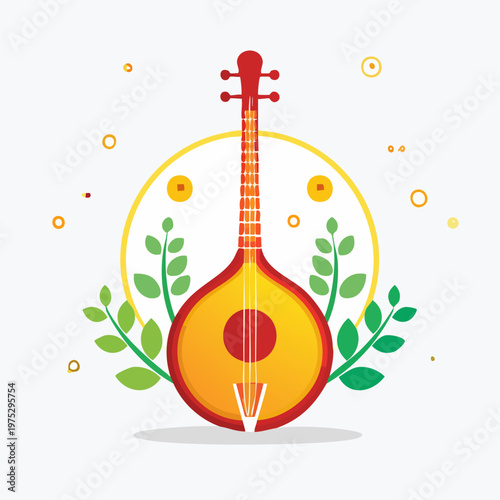 Colorful traditional stringed musical instrument illustration with decorative leaves and abstract shapes on a white background.
