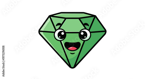 Cute cartoon green diamond character with happy face and glasses, isolated on white background