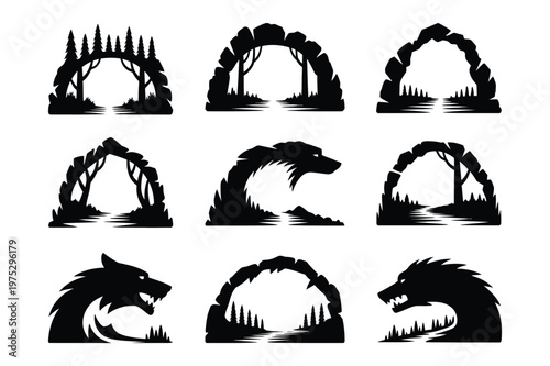 Fantasy archway entrances with trees and mythical creature silhouettes, creature