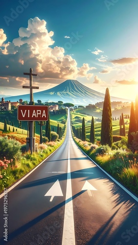 A scenic road stretches towards a mountain, under a clear sky. A sign on the side reads 