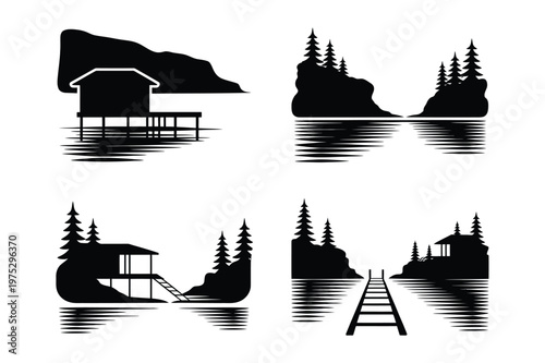 Collection of lakeside and coastal silhouettes with cabins and pine trees