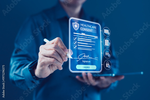 Business professional signing healthcare consent form with digital signature and secure patient data approval interface