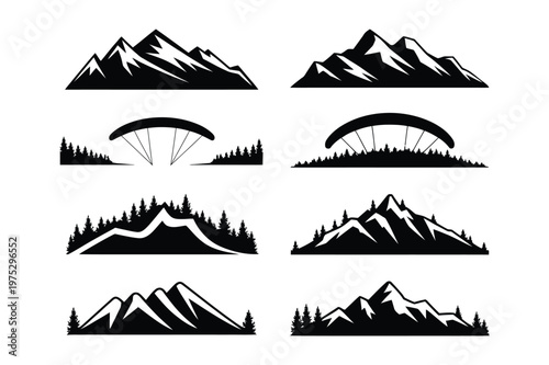 Collection of mountain range silhouettes and paraglider graphics with mountain