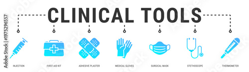 Clinical Tools web banner icon vector illustration with Injection, First Aid Kit, Adhesive Plaster, Medical Gloves, Surgical Mask, Stethoscope and Thermometer