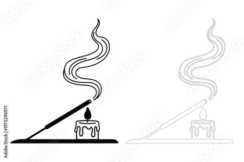 Burning candle and incense stick with smoke fragrance meditation relaxation