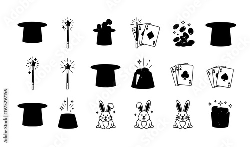 Magician Hat and Wand Vector Illustration Set for Kids Magic Show Party Design