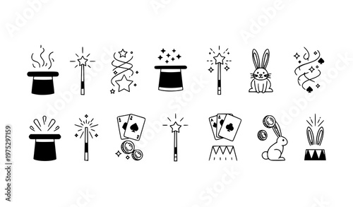 Kids Magic Show Illustration Magician Hat Wand and Trick Elements Vector Set