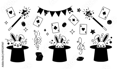 Magic Show Vector Illustration with Magician Hats and Wands for Kids Party Design