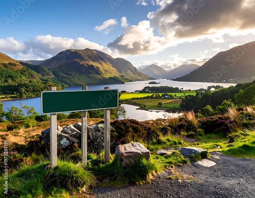 A scenic, sunlit landscape featuring a calm lake surrounded by mountains and lush greenery with a blank sign