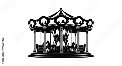 Black and White Carousel Silhouette with Horses and Ornate Design