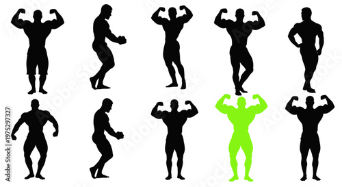 Bodybuilder Silhouettes Posing, One Green Figure Standing Out