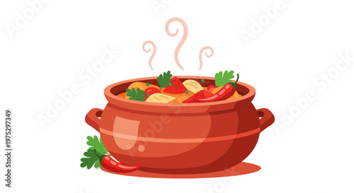 Hearty Stew in Clay Pot with Chili Peppers and Parsley, Steaming Hot Food Illustration