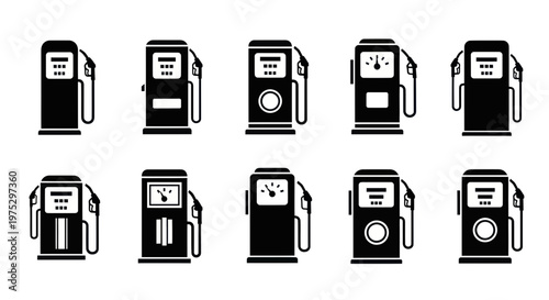 Set of Diverse Gas Pump Icons in Black and White