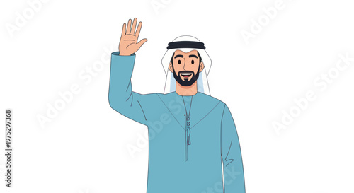 Smiling Arab Man in Traditional Kandura Waving Hello