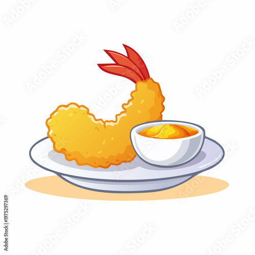 Crispy golden fried shrimp tempura served with a savory dipping sauce on a white plate.