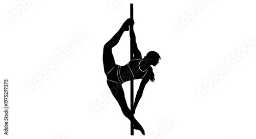 Silhouette of a woman performing a pole dance move, on white background