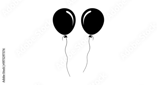 Two Black Balloons Floating with Strings on White Background, Simple Celebration Icon