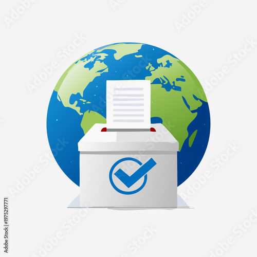 Global election concept with a ballot box and a world map background, symbolizing worldwide democratic participation.