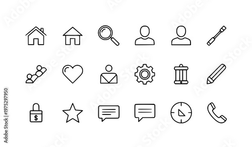 A set of modern line art icons for business and communication