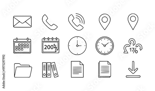 A set of office and business icons in a minimal line art style