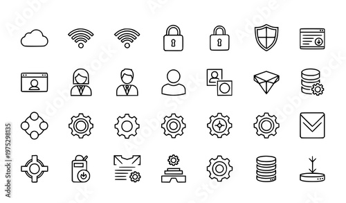 A set of line art icons representing various technology and security concepts