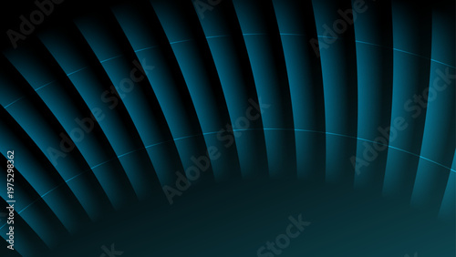 Dark blue and teal abstract background with curved architectural rib structures and glowing neon lines