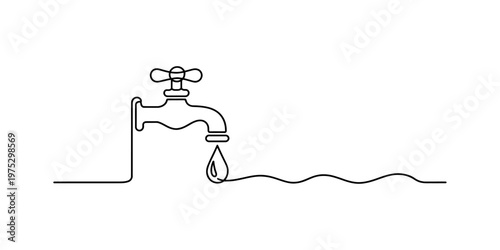 A single continuous line drawing of a simple water faucet dripping into a wavy water surface line Vector, illustration
