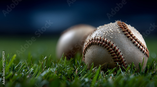 Baseballs sit on a wet grass field 