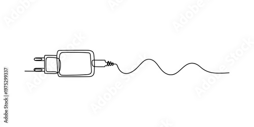 A single continuous line drawing of a wall charger adapter with a long wavy electrical cord cable Vector, illustration