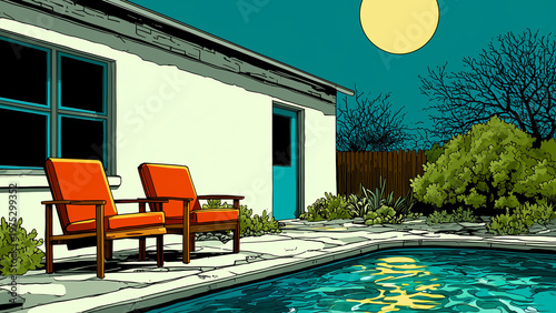 A pool patio at dusk with the moon overhead