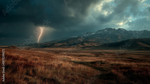 A thunderstorm produces lightning over a prairie beneath the mountains