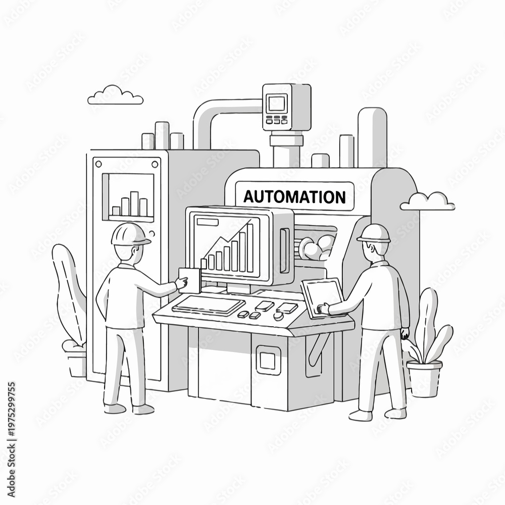Fototapeta premium Industrial automation technology workers operating machinery.