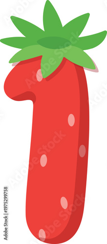 Hand drawn red strawberry fruit number one isolated on white background