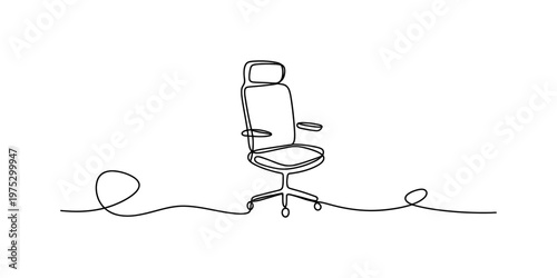 Minimalist continuous line drawing of a modern office chair on a plain white background surface. Vector, illustration