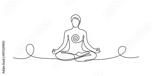 A minimalist single line drawing of a person sitting in a lotus pose for meditation and zen calm Vector, illustration