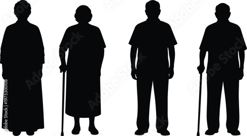elderly people silhouettes, senior men and women, walking stick, old age, human figures, black vector illustration, aging concept, lifestyle design