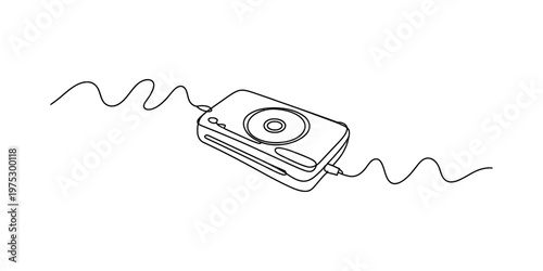 Minimalist single line drawing of a retro portable compact disc player with connected wavy cables Vector, illustration