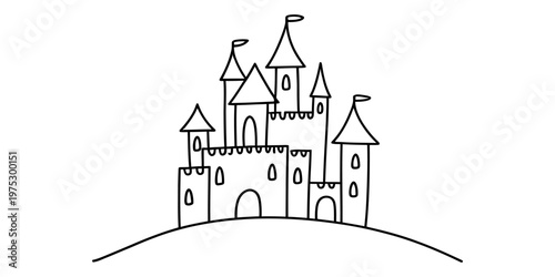 A simple black and white line drawing of a fairy tale castle perched on a small grassy hill top. Vector, illustration