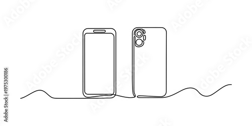 Continuous single line drawing of a modern smartphone showing both front and back side views. Vector, illustration