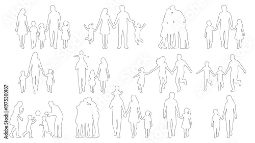 Family line art icons set, minimalist continuous line style family silhouettes, parents and children walking, playing, and hugging, editable stroke outline vector.