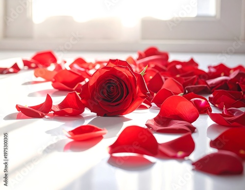 A vibrant red rose surrounded by scattered petals on a white surface