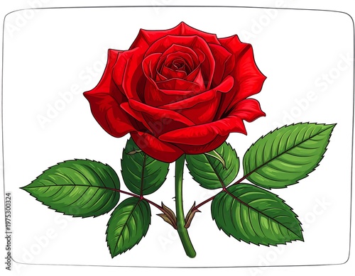 A vibrant red rose with green leaves and stem on white background