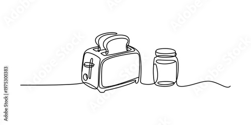 Minimalist continuous line drawing of a simple kitchen toaster and a glass jar of food item. Vector, illustration