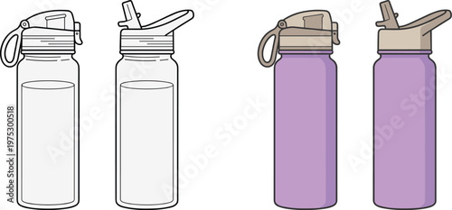 Vector illustration of reusable water bottles with straw and lid