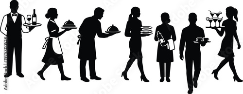 Professional restaurant service staff silhouettes carrying food