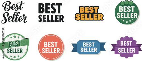 Set of best seller circular and rectangular badge label design elements